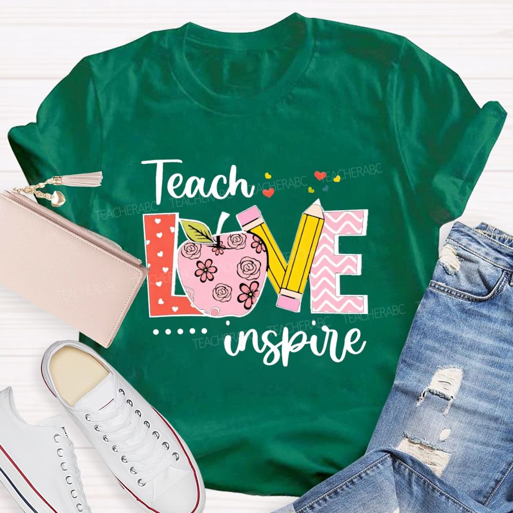 Teach Love Inspire Pink Heart Apple Teacher T-Shirt