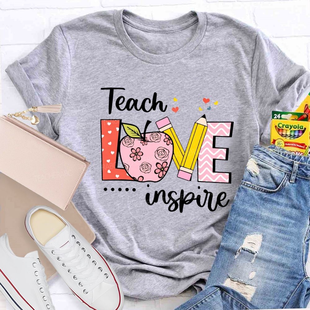 Teach Love Inspire Pink Heart Apple Teacher T-Shirt