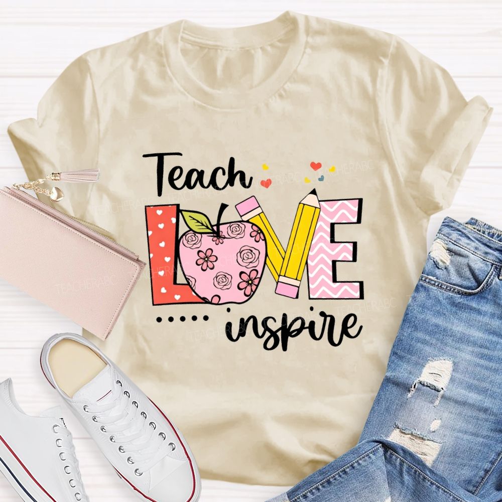 Teach Love Inspire Pink Heart Apple Teacher T-Shirt