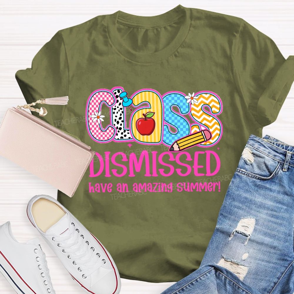 Class Dismissed Have An Amazing Summer Pink Plaid Print Teacher T-shirt