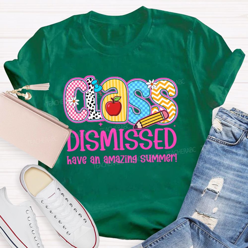 Class Dismissed Have An Amazing Summer Pink Plaid Print Teacher T-shirt