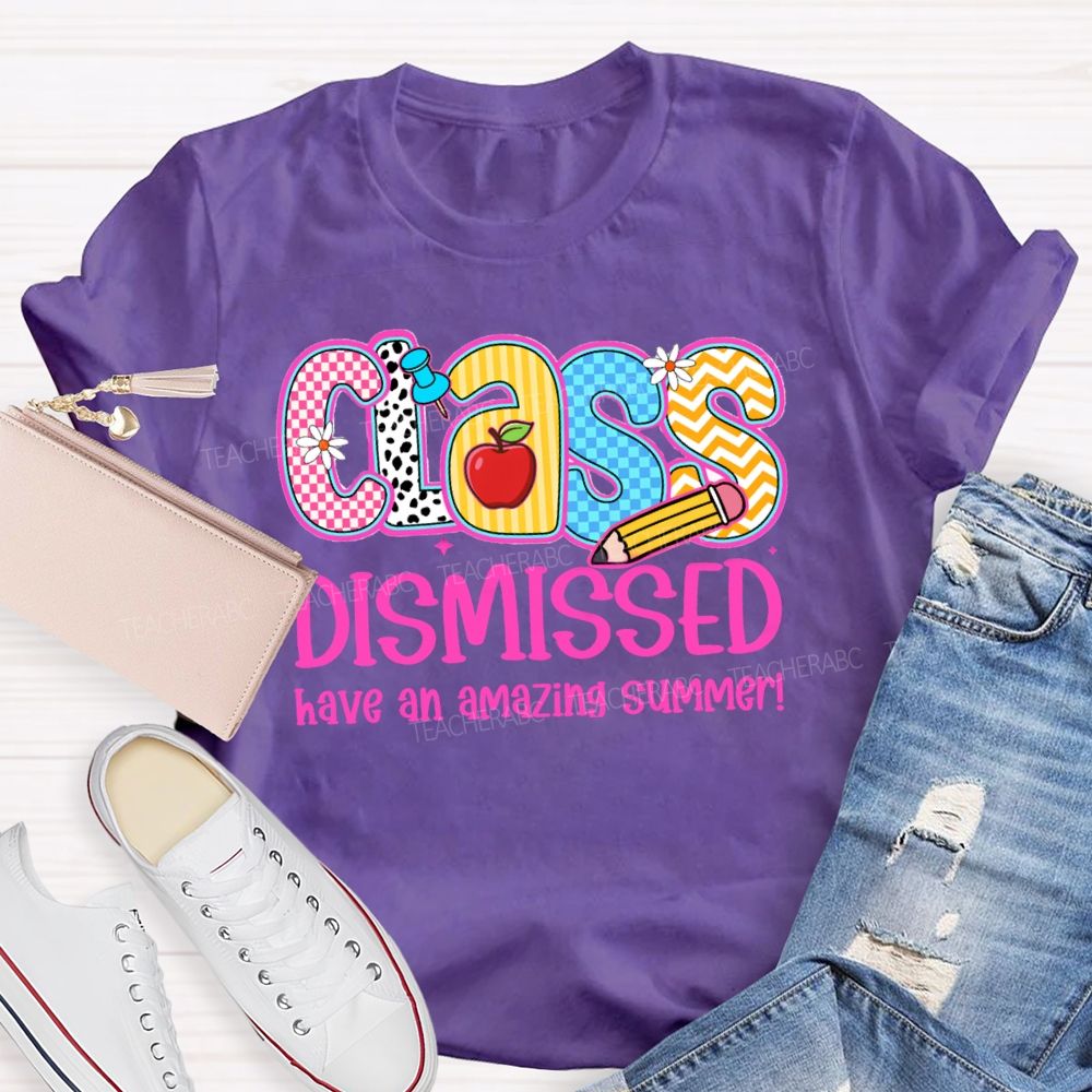 Class Dismissed Have An Amazing Summer Pink Plaid Print Teacher T-shirt