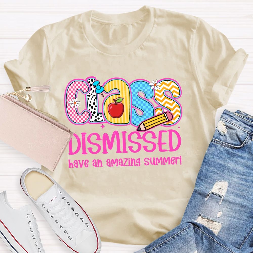 Class Dismissed Have An Amazing Summer Pink Plaid Print Teacher T-shirt
