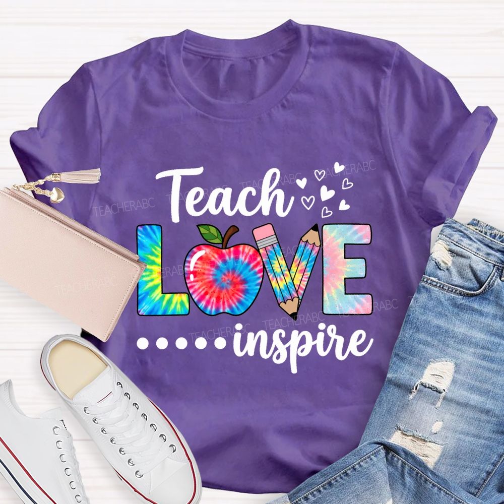 Teach Love Inspire Tie-Dye Font Print Teacher T-shirt
