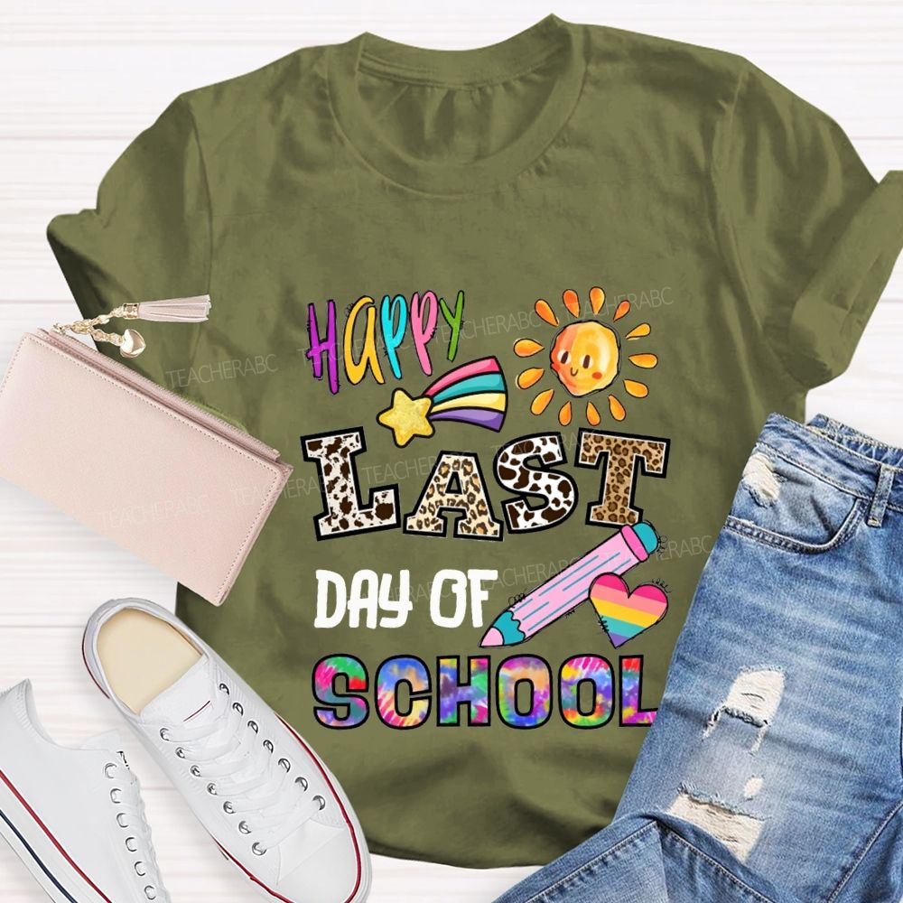 Happy Last Day Of School Leopard Print And Tie-Dye Fonts Teacher T-shirt