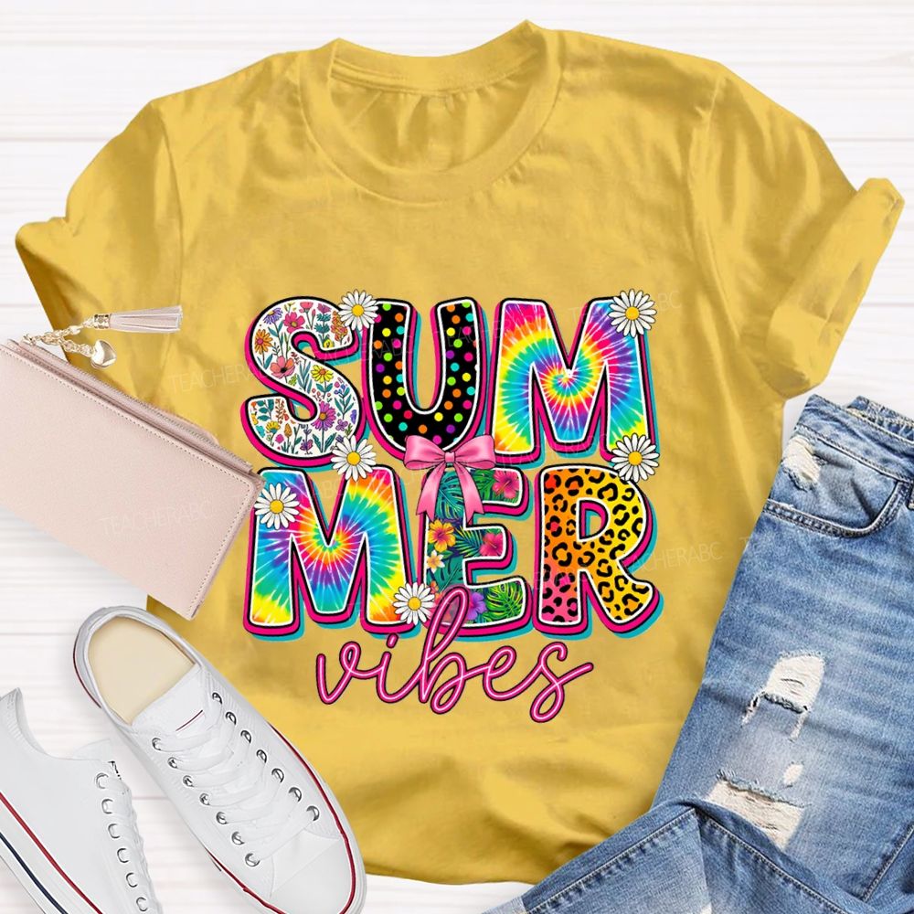 Summer Vibes Colorful Tie-Dye Font Teacher T-shirt