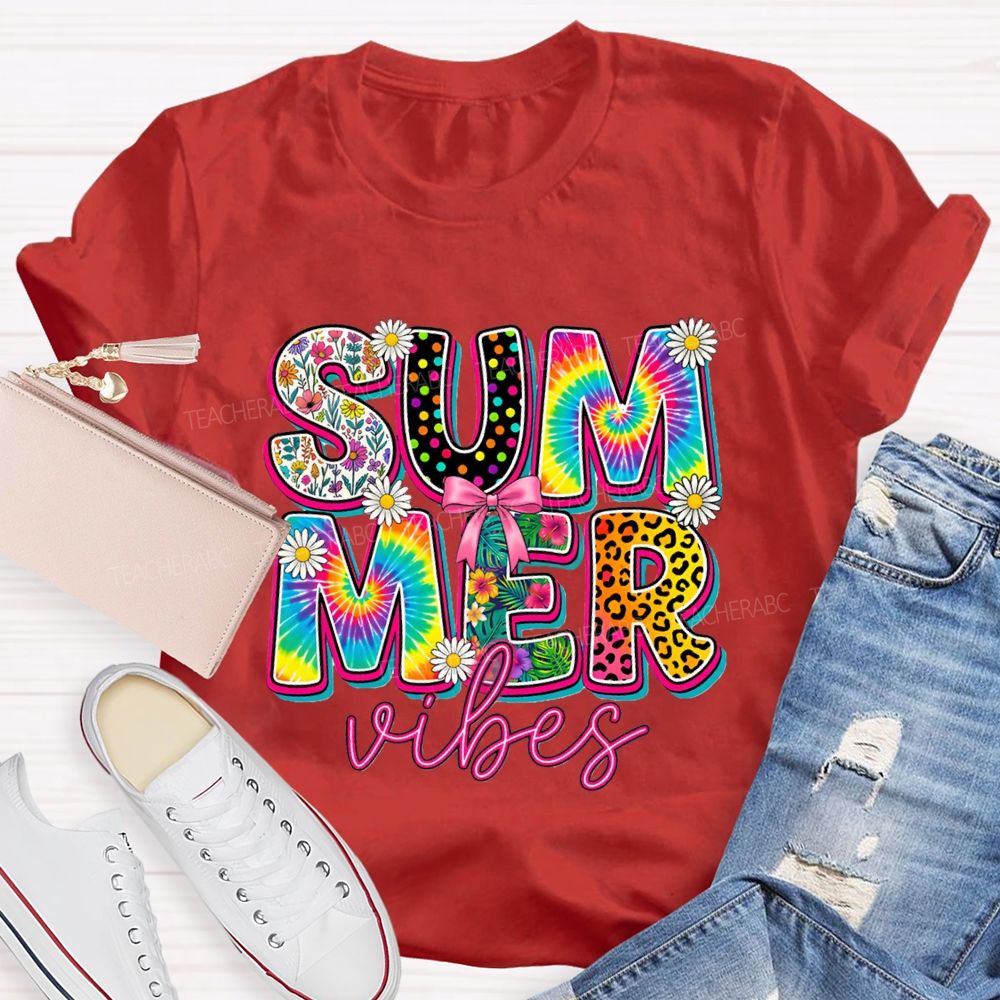 Summer Vibes Colorful Tie-Dye Font Teacher T-shirt