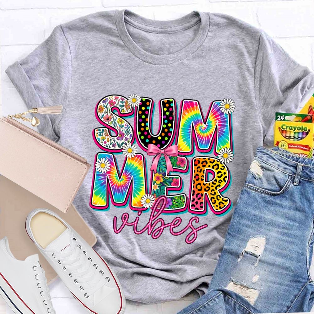 Summer Vibes Colorful Tie-Dye Font Teacher T-shirt