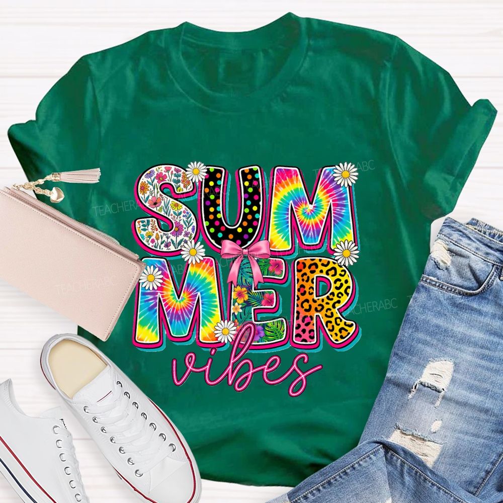 Summer Vibes Colorful Tie-Dye Font Teacher T-shirt