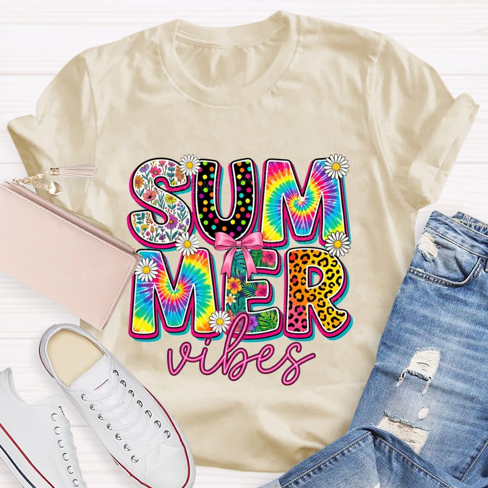 Summer Vibes Colorful Tie-Dye Font Teacher T-shirt