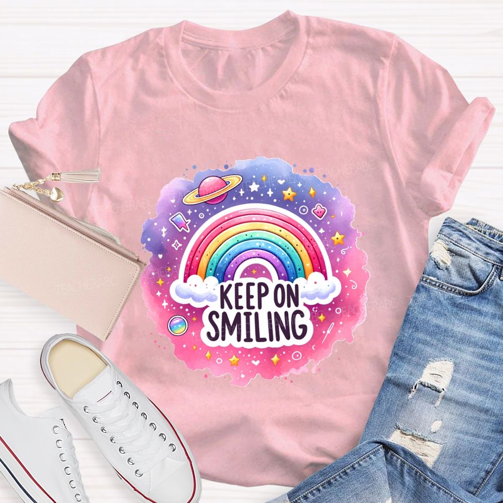 Keep On Smiling Rainbow Print Teacher T-shirt