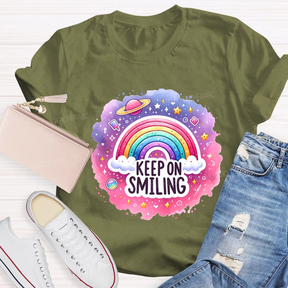 Keep On Smiling Rainbow Print Teacher T-shirt