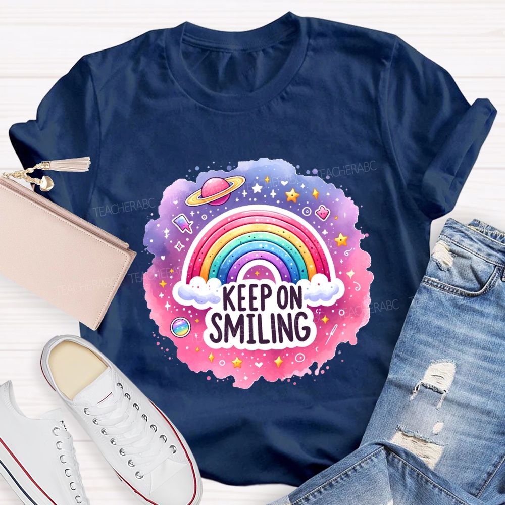 Keep On Smiling Rainbow Print Teacher T-shirt