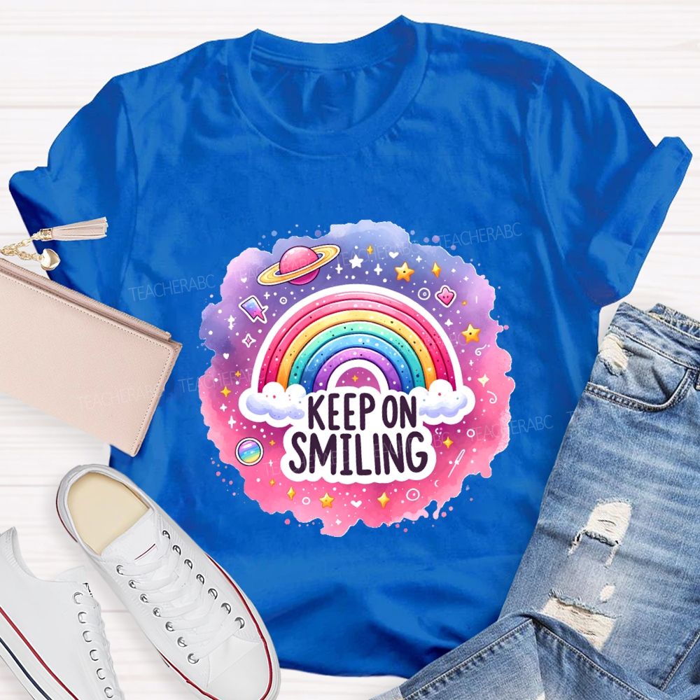 Keep On Smiling Rainbow Print Teacher T-shirt