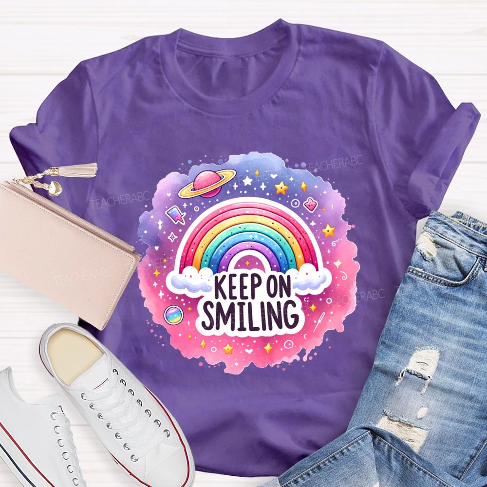 Keep On Smiling Rainbow Print Teacher T-shirt