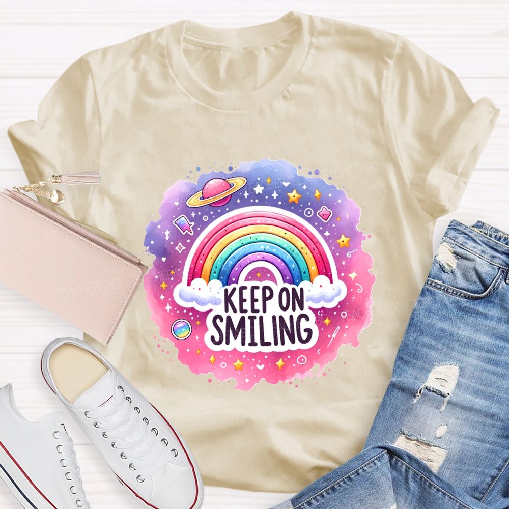 Keep On Smiling Rainbow Print Teacher T-shirt