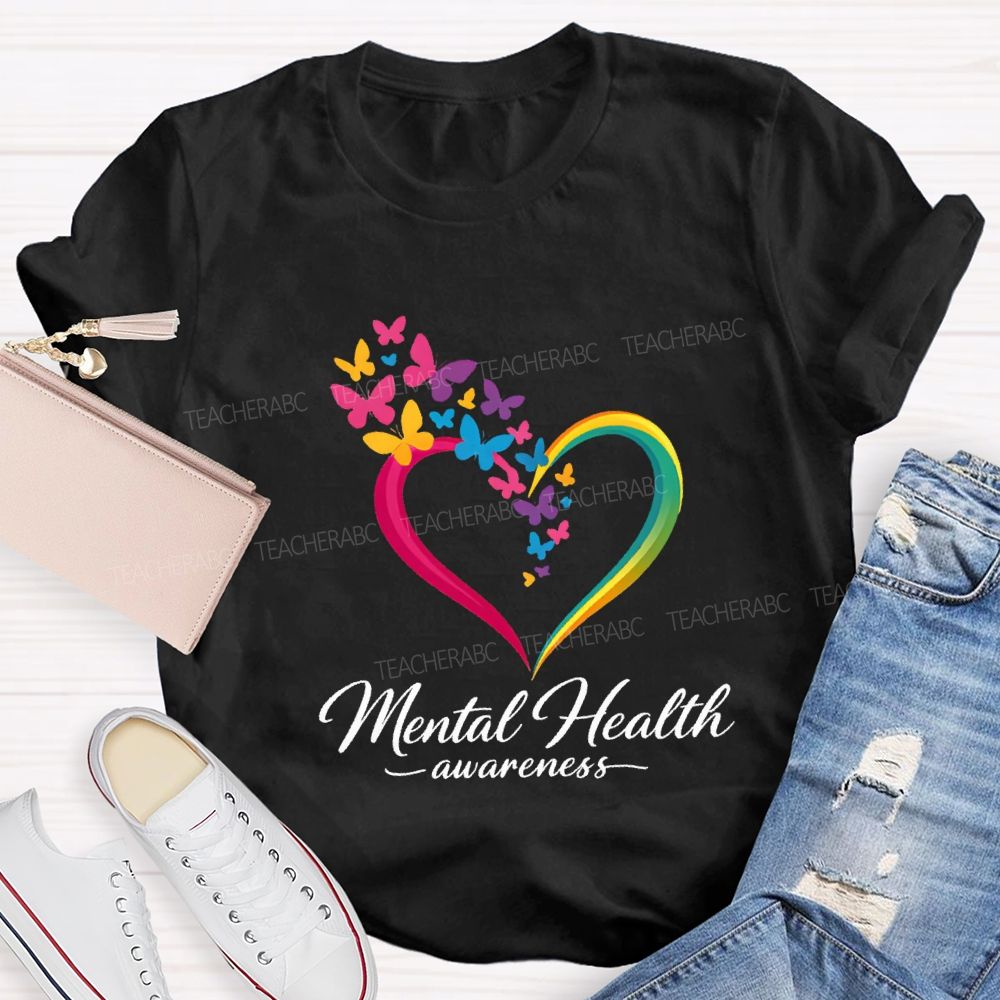 Mental Health Awareness Hearts And Butterflies Teacher T-shirt