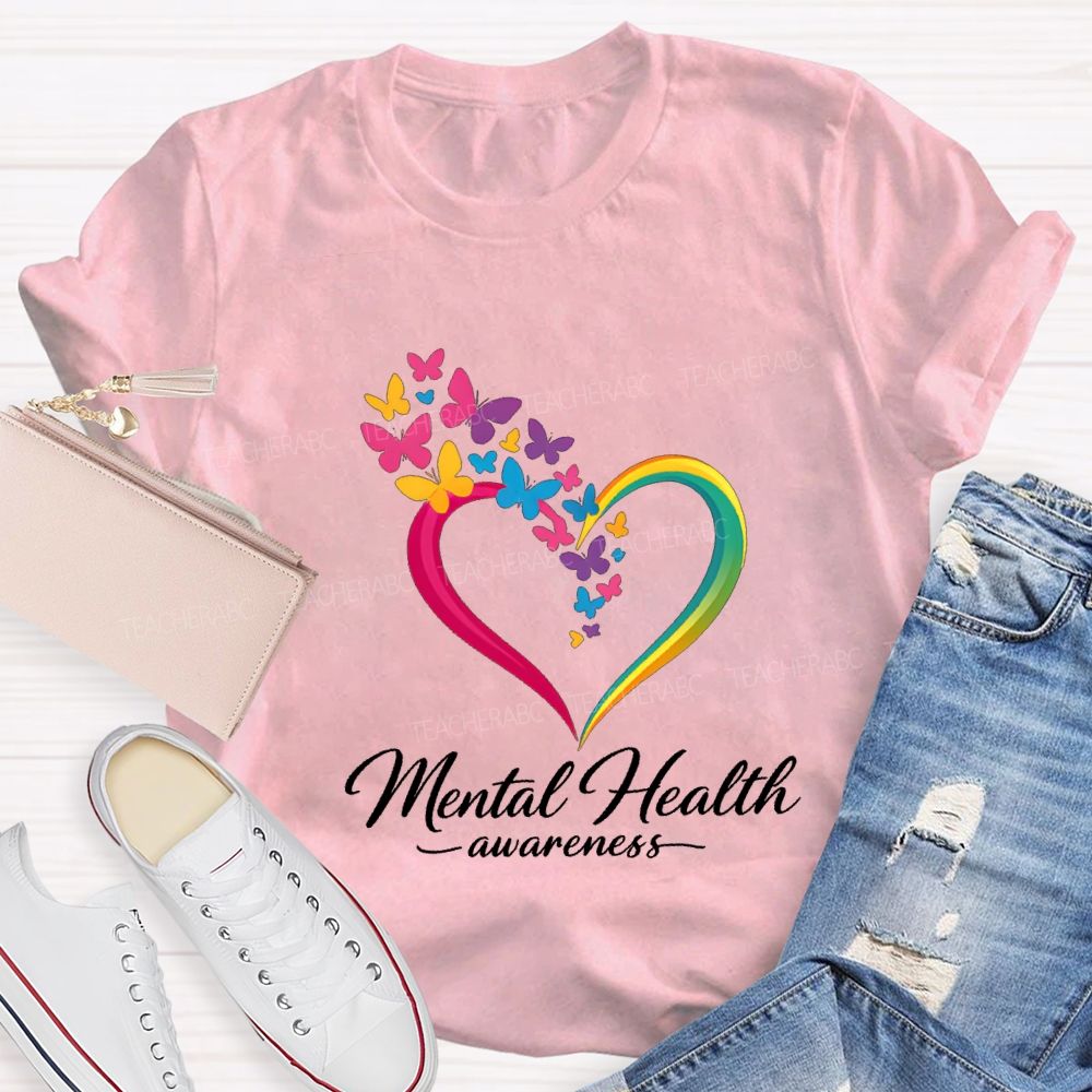 Mental Health Awareness Hearts And Butterflies Teacher T-shirt