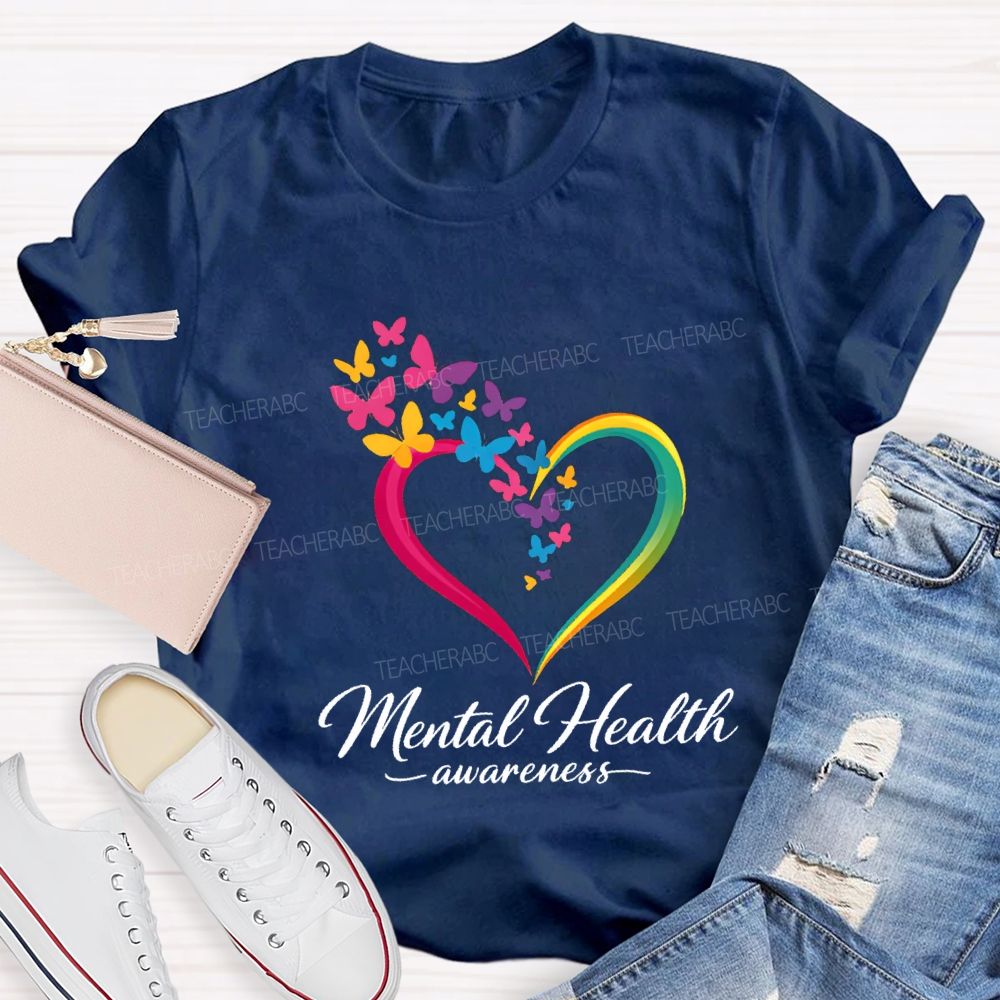 Mental Health Awareness Hearts And Butterflies Teacher T-shirt