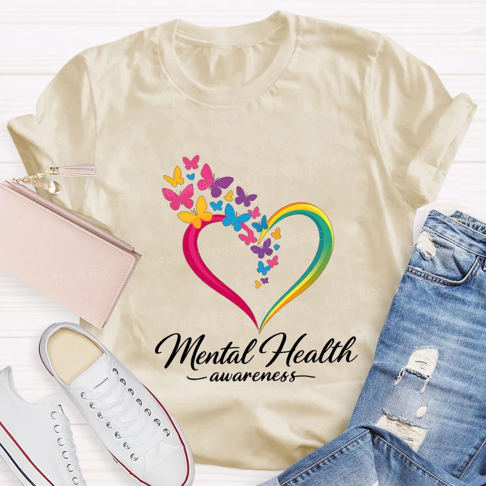 Mental Health Awareness Hearts And Butterflies Teacher T-shirt