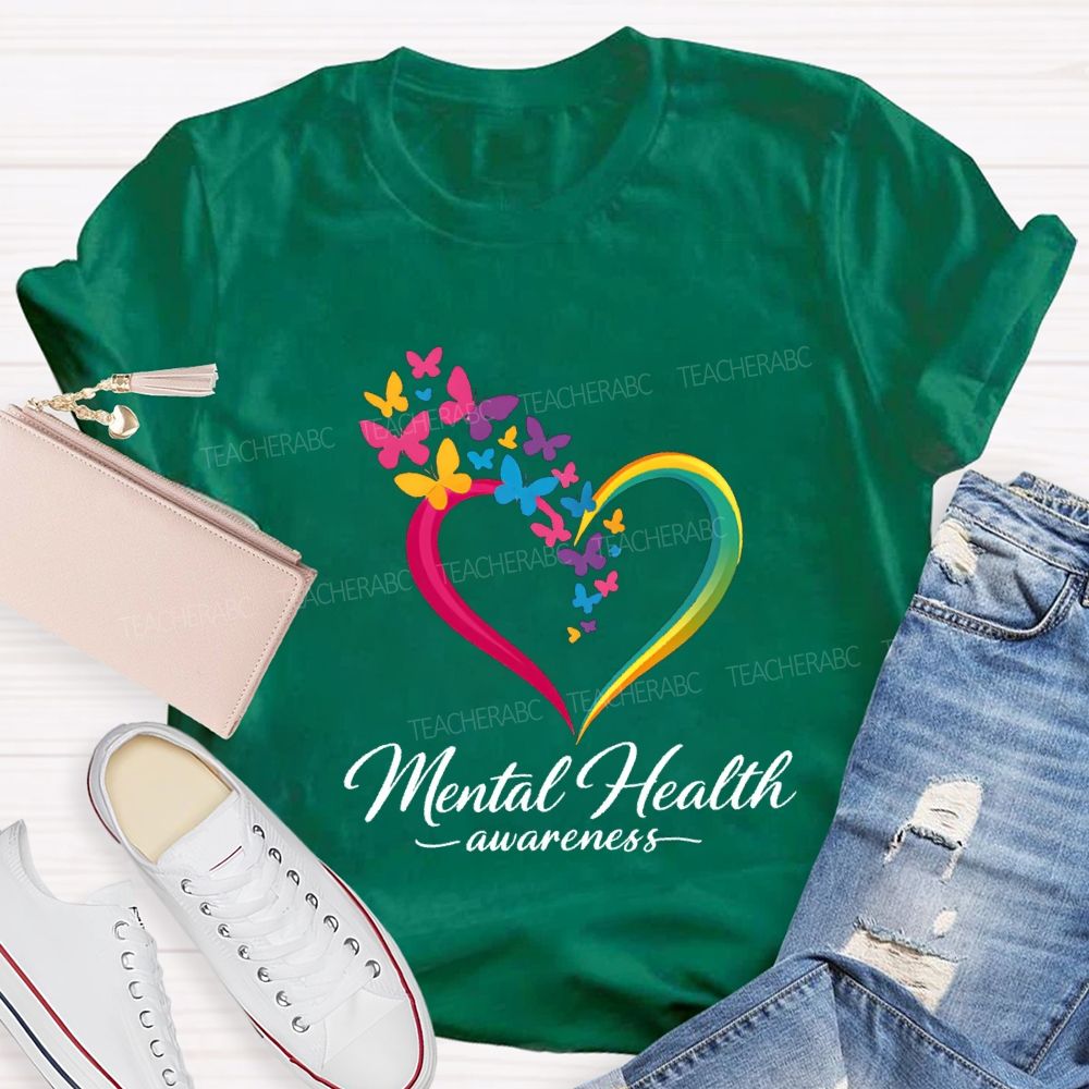 Mental Health Awareness Hearts And Butterflies Teacher T-shirt