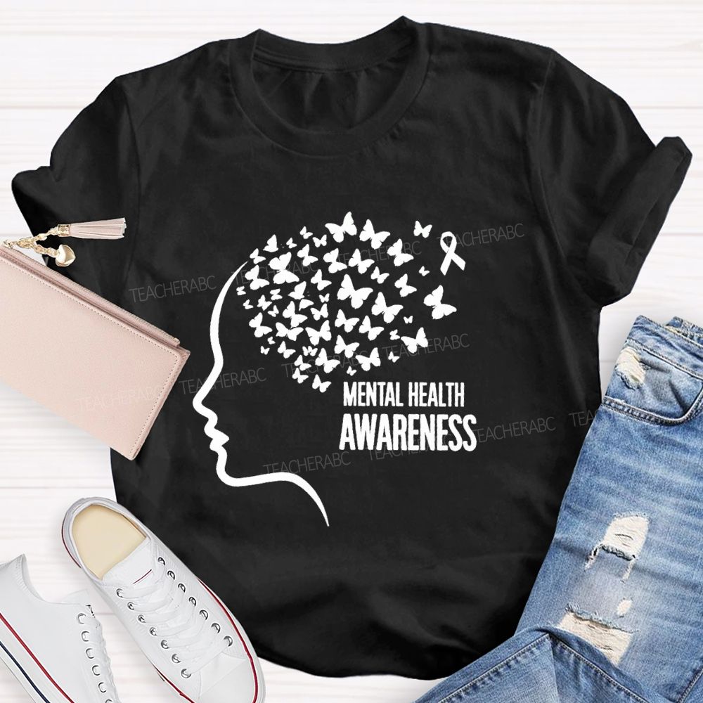 Mental Health Awareness Butterfly Human Brain Teacher T-Shirt