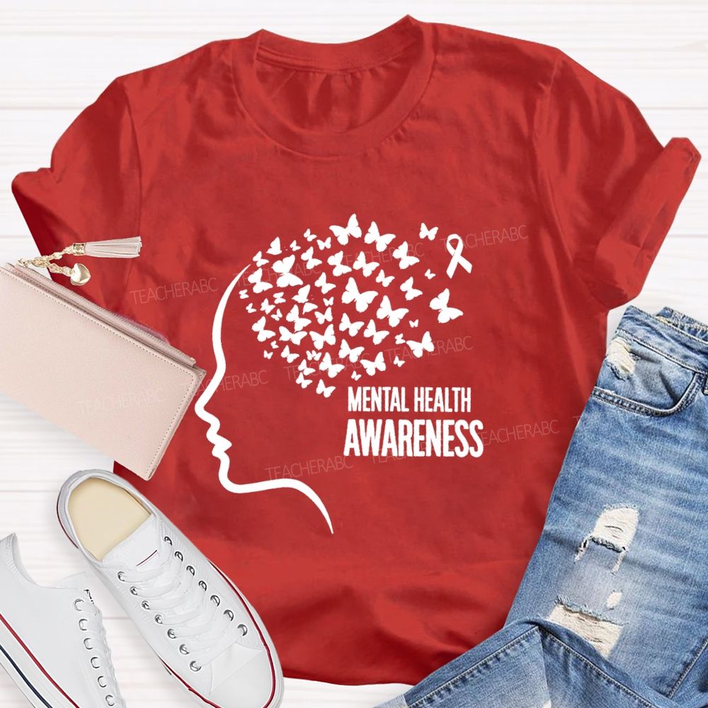 Mental Health Awareness Butterfly Human Brain Teacher T-Shirt