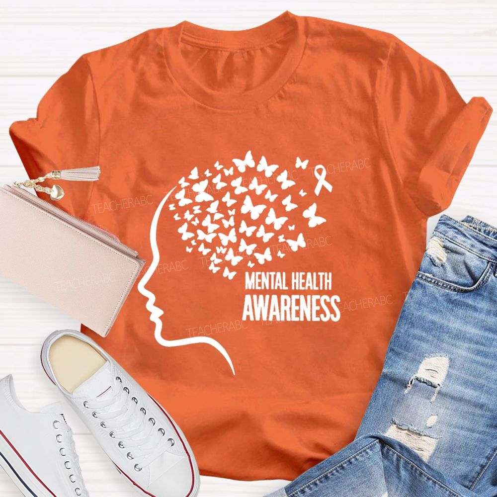 Mental Health Awareness Butterfly Human Brain Teacher T-Shirt