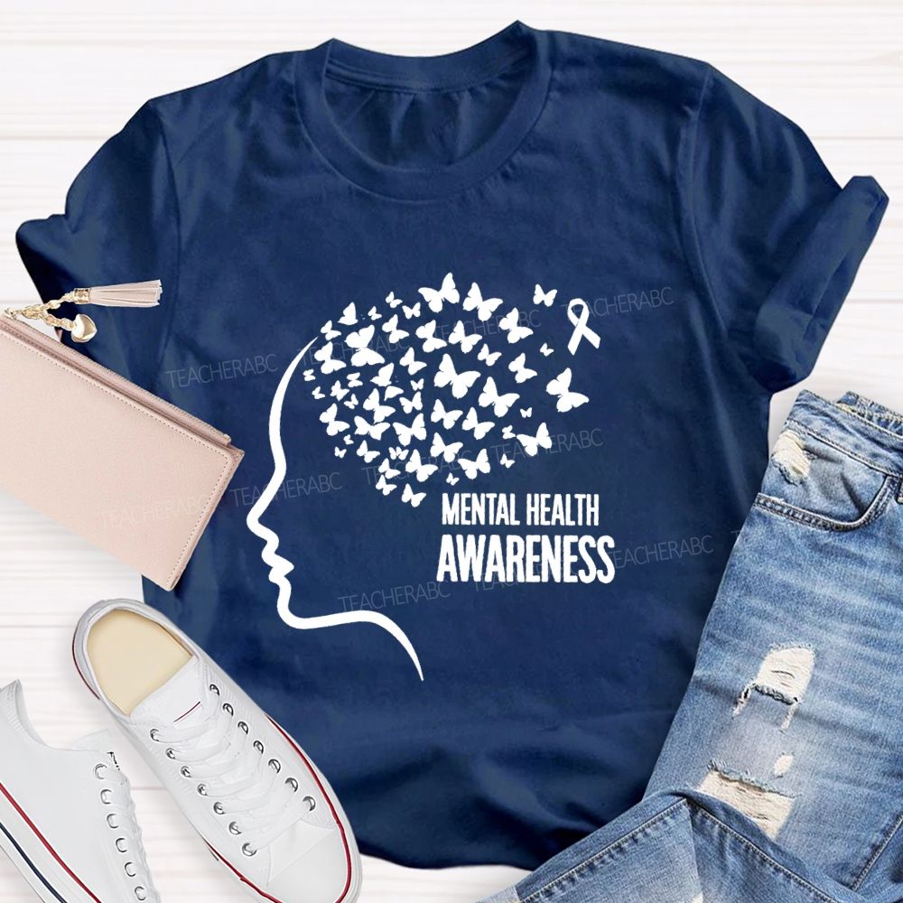 Mental Health Awareness Butterfly Human Brain Teacher T-Shirt