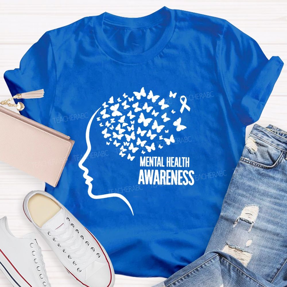 Mental Health Awareness Butterfly Human Brain Teacher T-Shirt