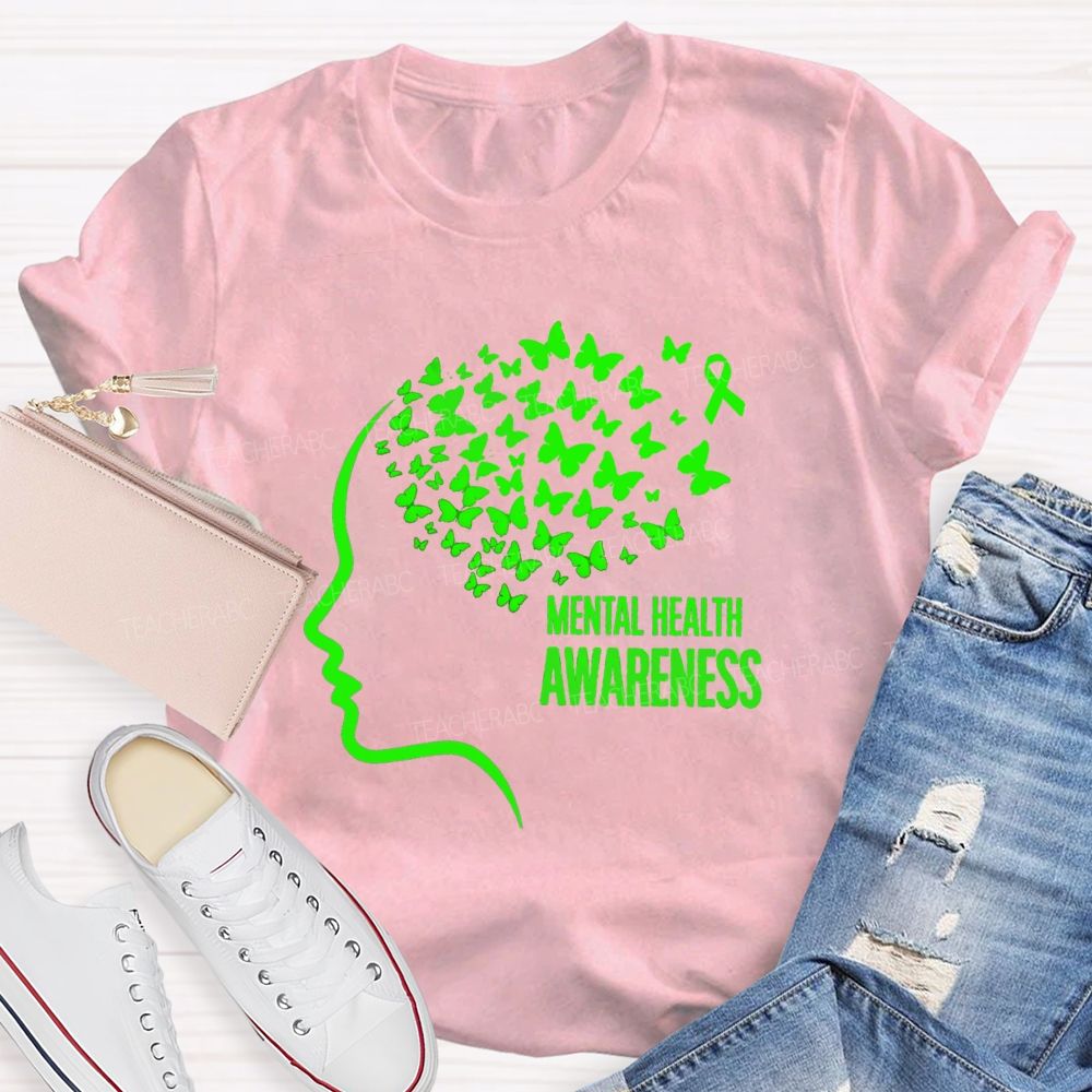 Mental Health Awareness Butterfly Human Brain Teacher T-Shirt