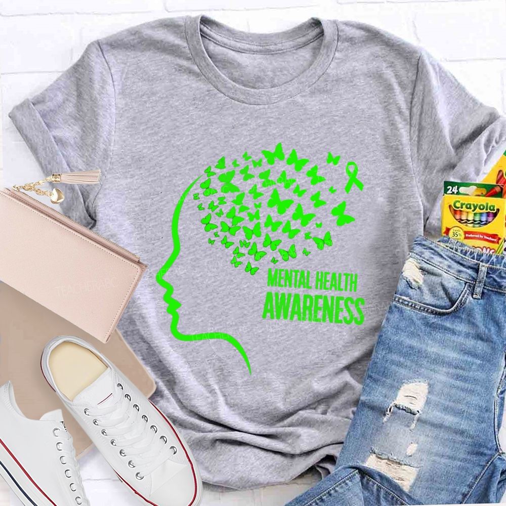 Mental Health Awareness Butterfly Human Brain Teacher T-Shirt