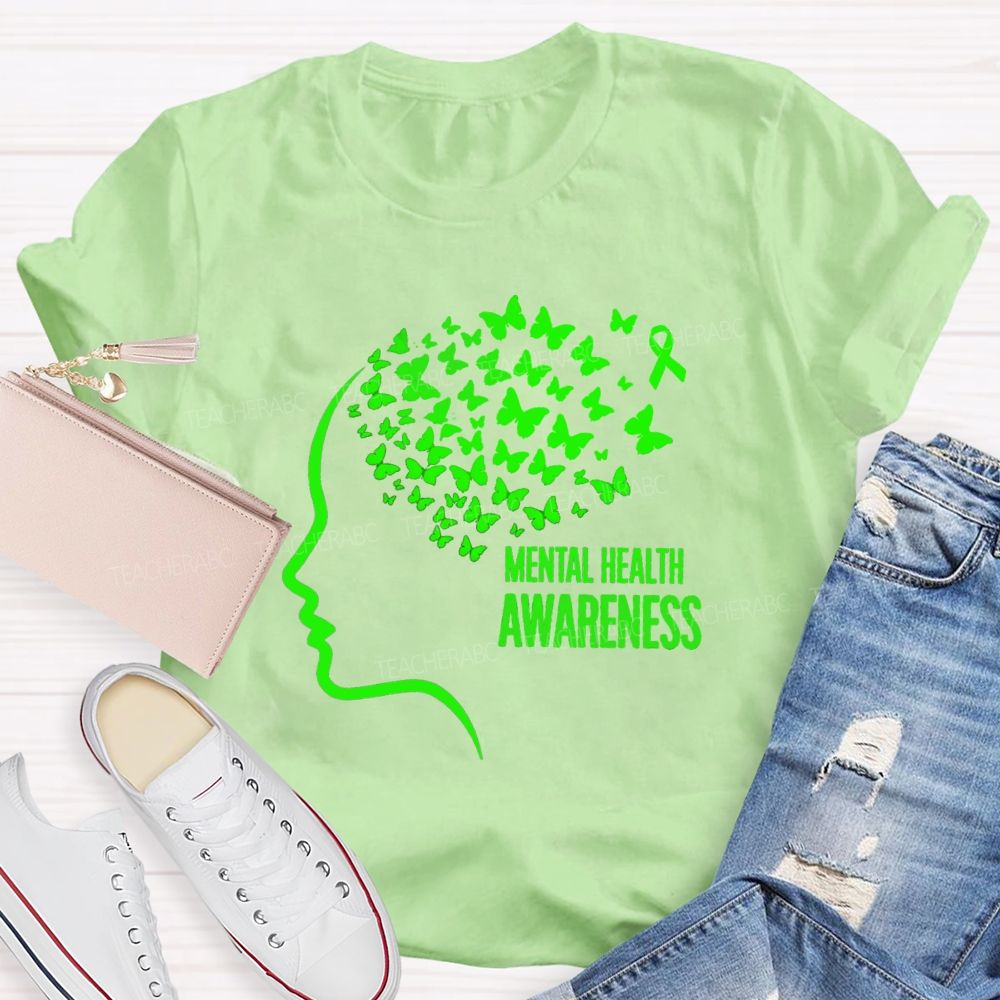 Mental Health Awareness Butterfly Human Brain Teacher T-Shirt