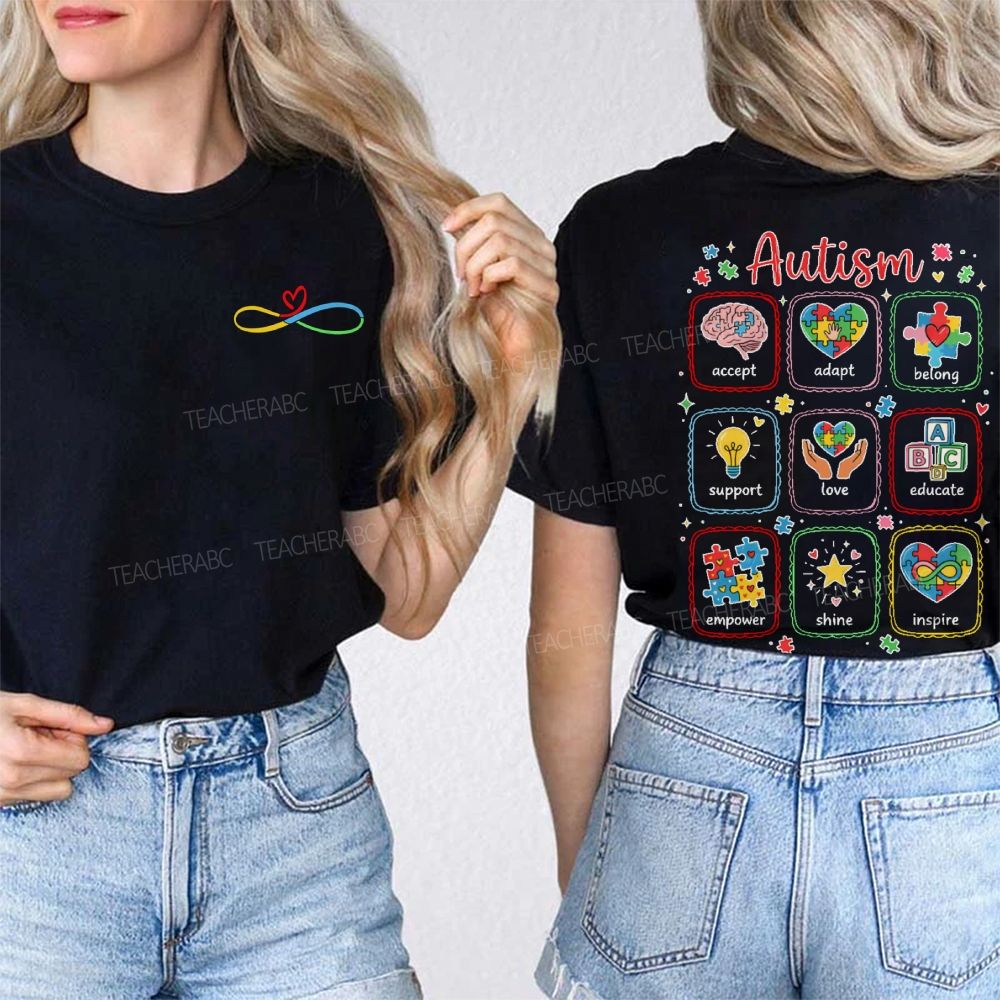 Autism Awareness Accept Adapt Belong Support Double Printed T-shirt