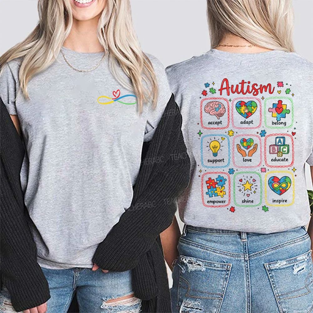 Autism Awareness Accept Adapt Belong Support Double Printed T-shirt