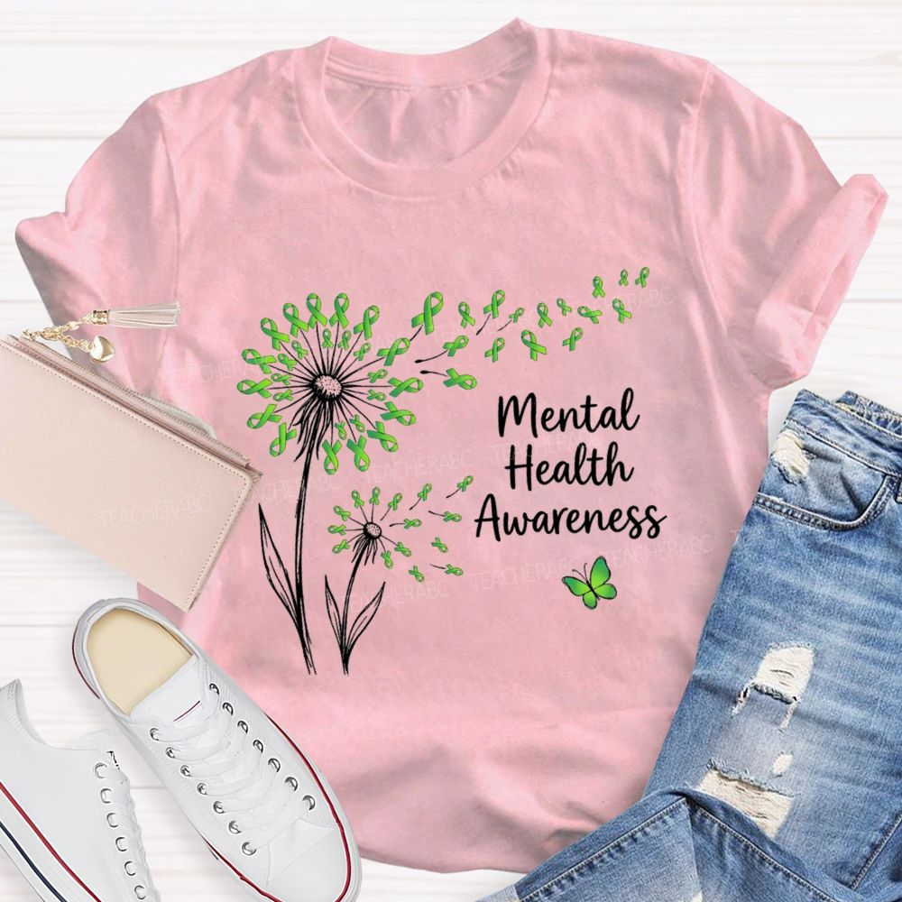 Mental Health Awareness Dandelion Green Ribbon Teacher T-Shirt