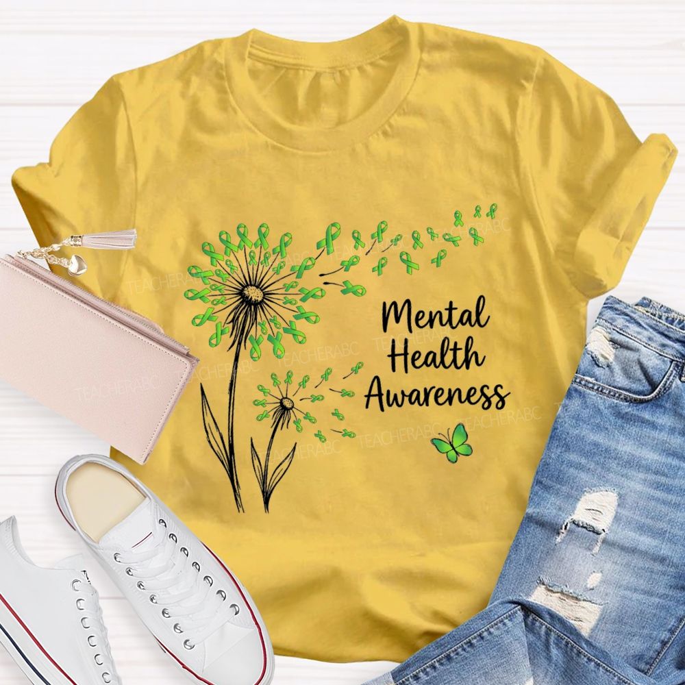 Mental Health Awareness Dandelion Green Ribbon Teacher T-Shirt