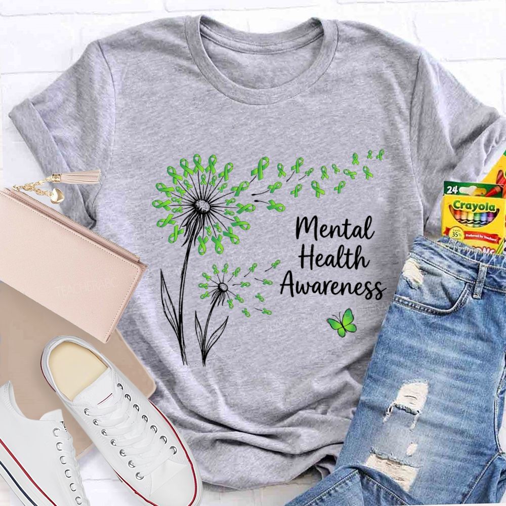 Mental Health Awareness Dandelion Green Ribbon Teacher T-Shirt