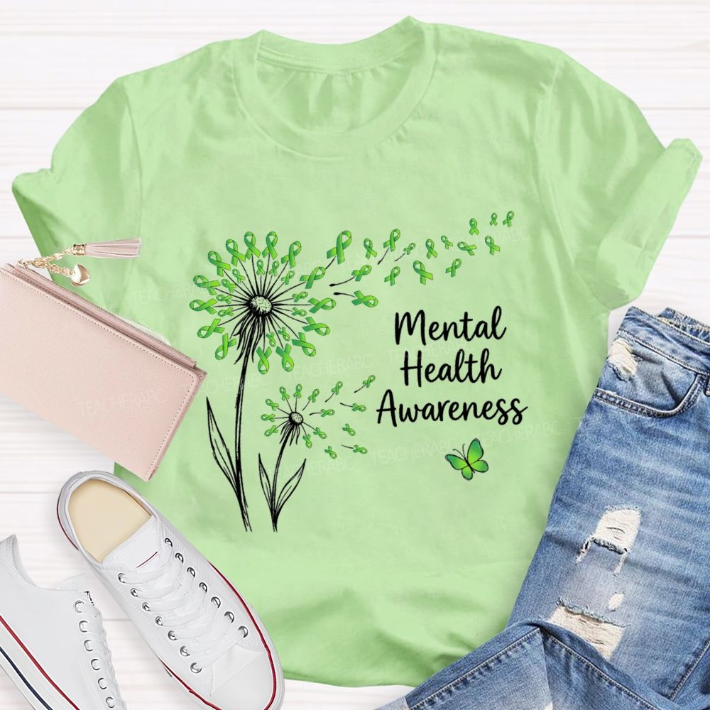 Mental Health Awareness Dandelion Green Ribbon Teacher T-Shirt