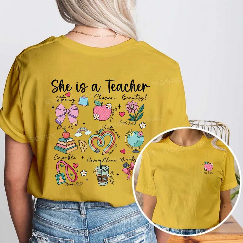 Personalized Name She Is A Teacher Strong Beautiful Double Printed T-shirt
