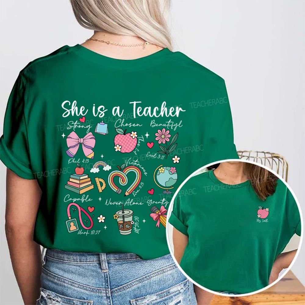 Personalized Name She Is A Teacher Strong Beautiful Double Printed T-shirt