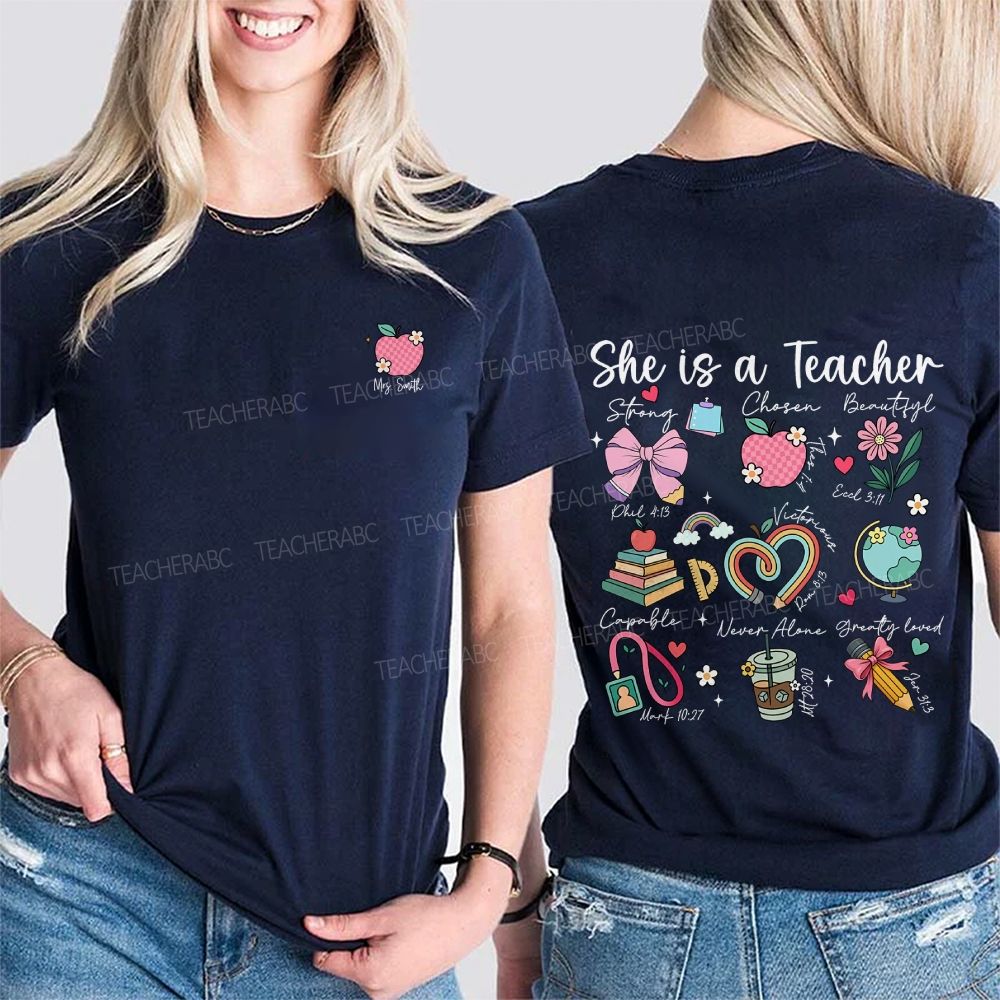 Personalized Name She Is A Teacher Strong Beautiful Double Printed T-shirt