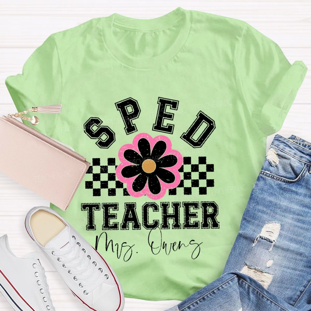 Personalized Name Sped Teacher Flowers Checkered Teacher T-shirt
