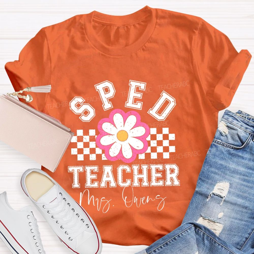 Personalized Name Sped Teacher Flowers Checkered Teacher T-shirt