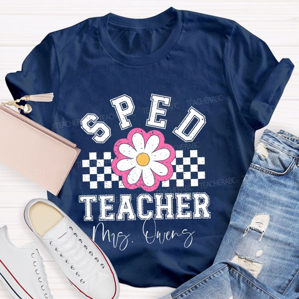 Personalized Name Sped Teacher Flowers Checkered Teacher T-shirt