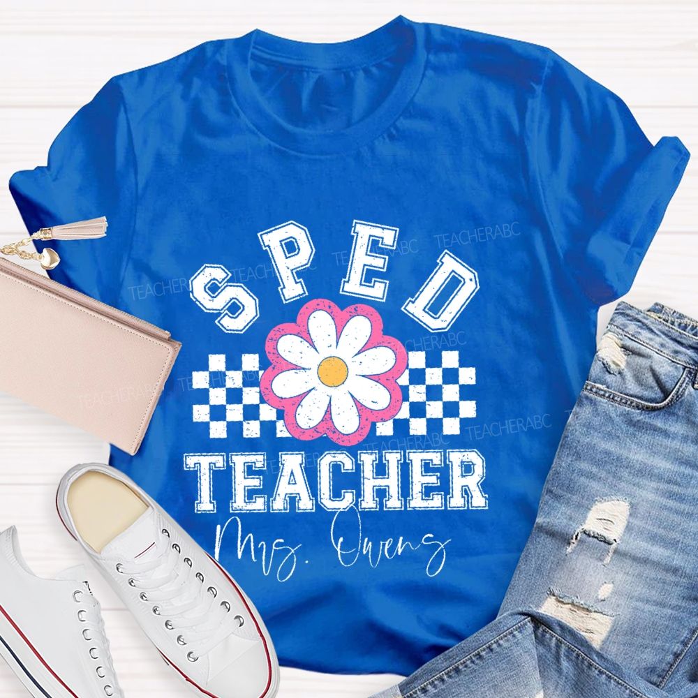 Personalized Name Sped Teacher Flowers Checkered Teacher T-shirt