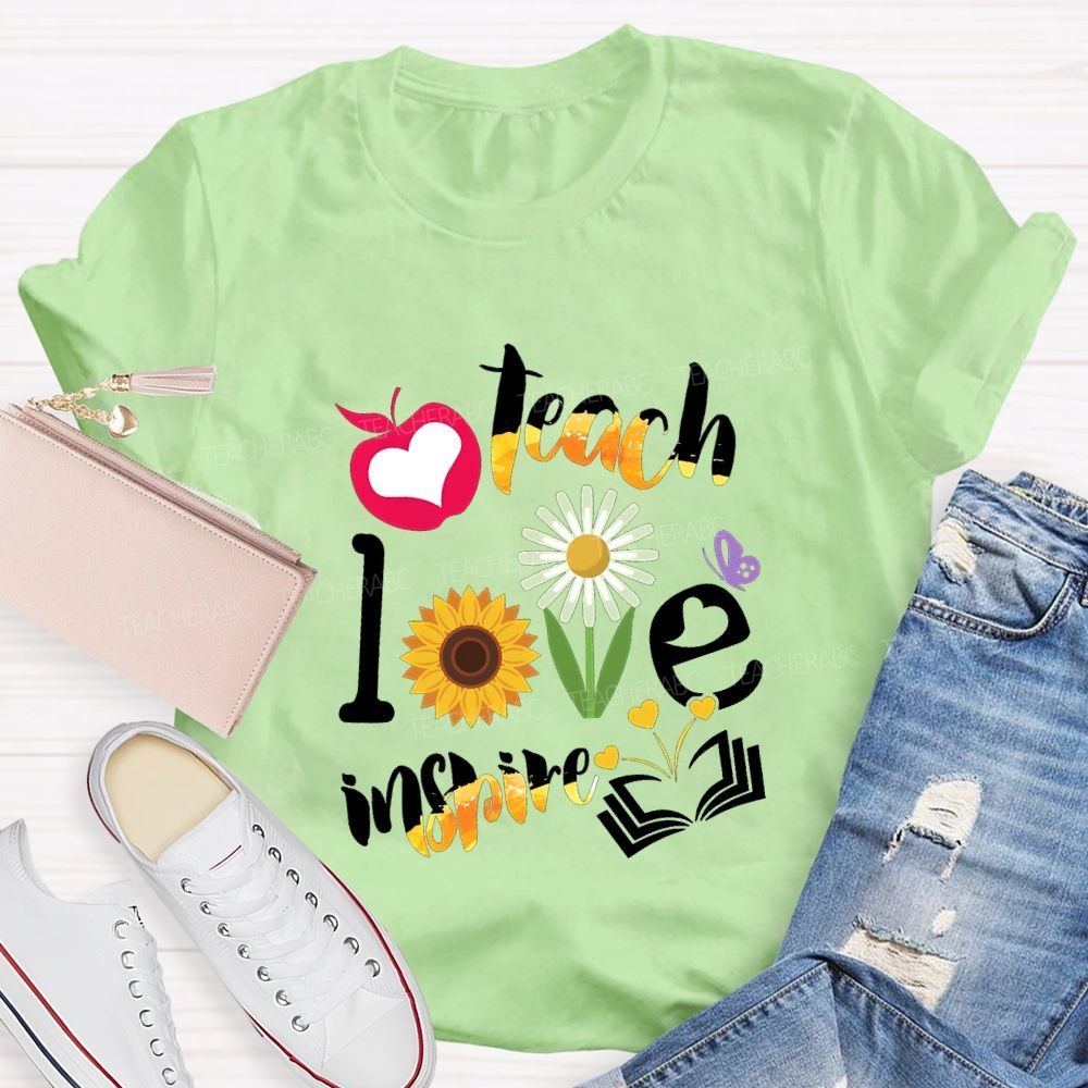 Teach Love Inspire Sunflowers And Gradient Fonts Teacher T-shirt