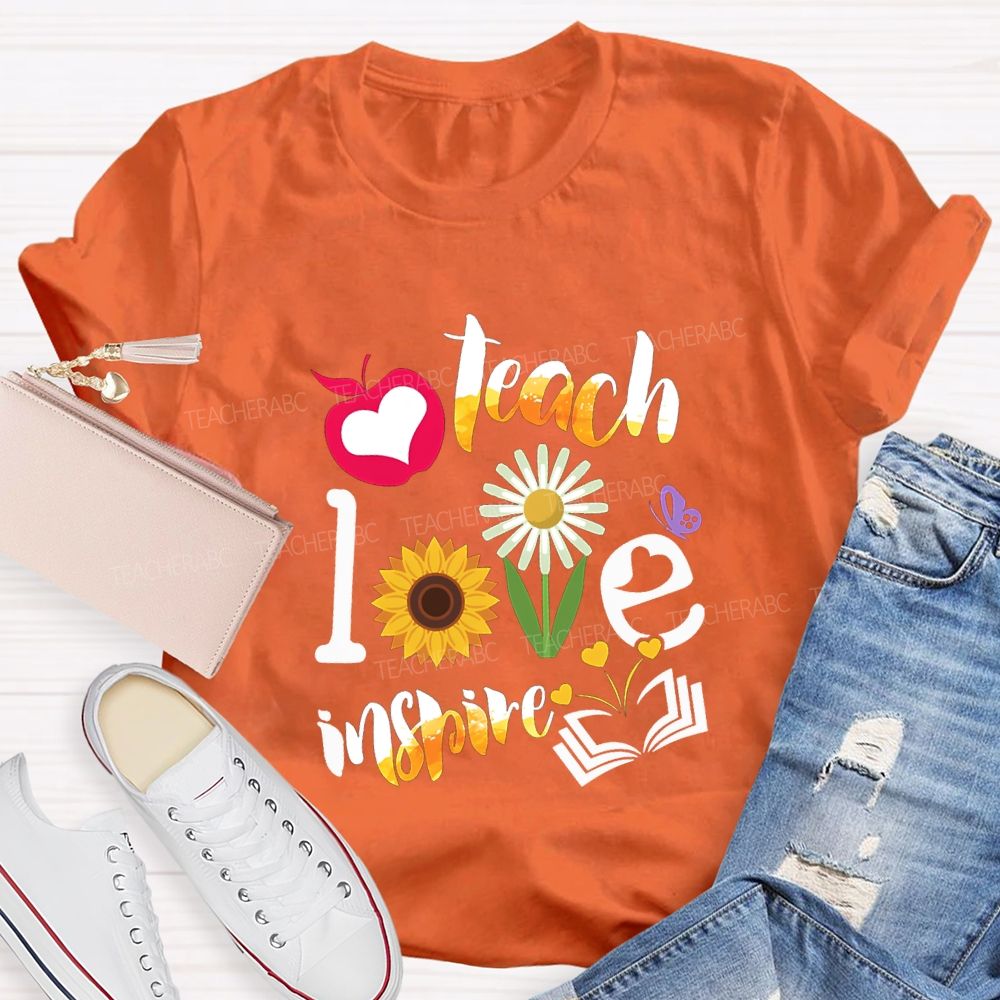 Teach Love Inspire Sunflowers And Gradient Fonts Teacher T-shirt