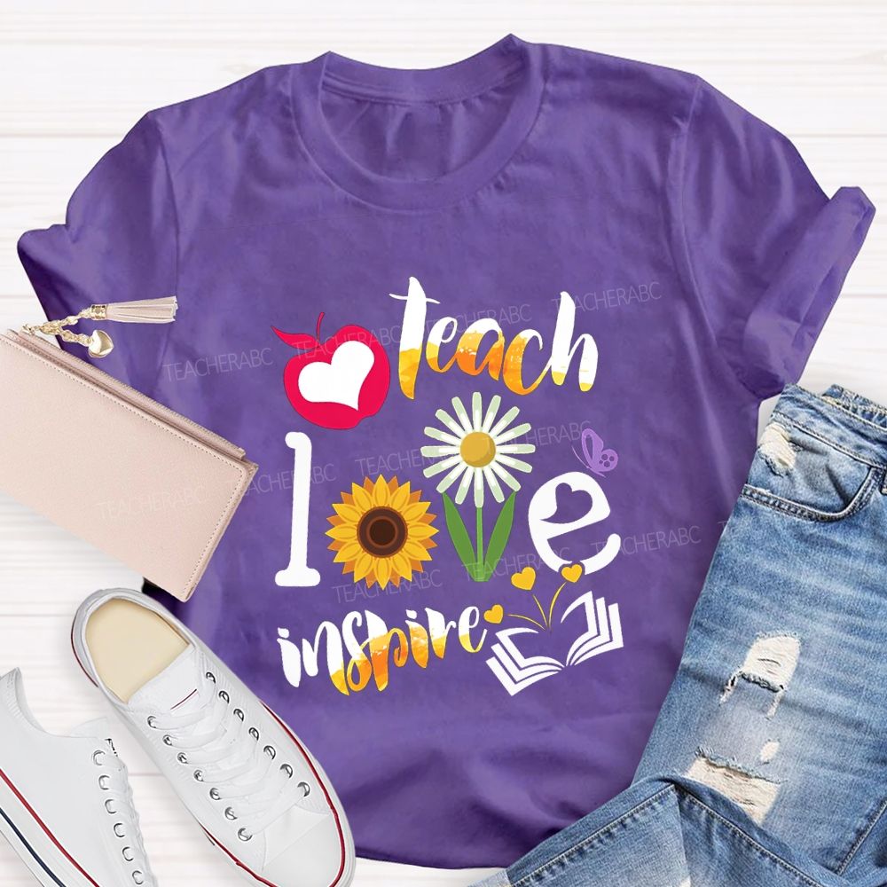 Teach Love Inspire Sunflowers And Gradient Fonts Teacher T-shirt