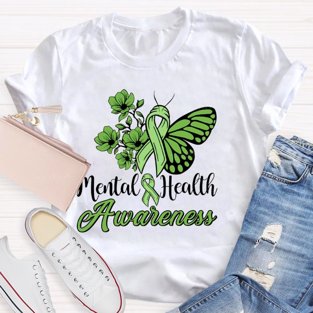 Mental Helat Awareness Green Butterfly Ribbon Teacher T-Shirt